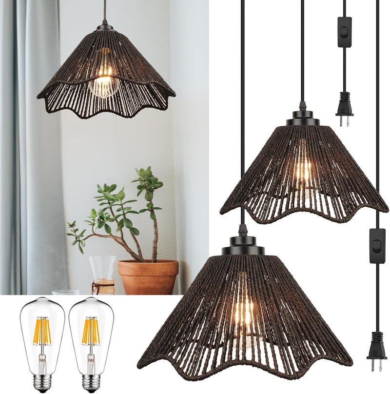 tebio Rattan Plug in Pendant Light Set of 2 (Bulbs Included), 12"x6" Boho Hanging Lights with 13FT Black Hemp Plug-in Cord, On/Off Switch for Living Room, Bedroom, Kitchen - Image 1